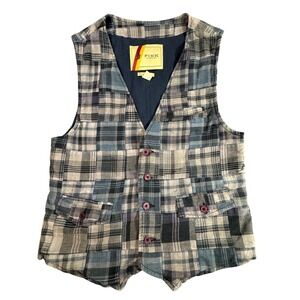 Fink Clothing Blue Grey Patchwork Plaid Cotton Waistcoat Vest Size Medium